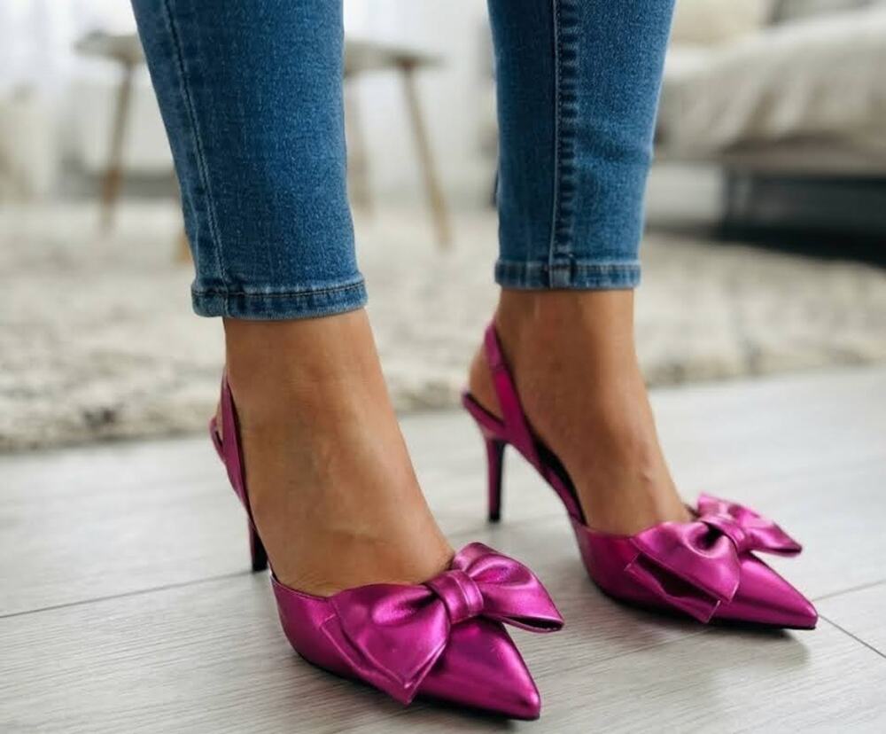 RAID Martini Metallic Pink Bow Pointed Toe Slingback Heels Shoes Size 8 US